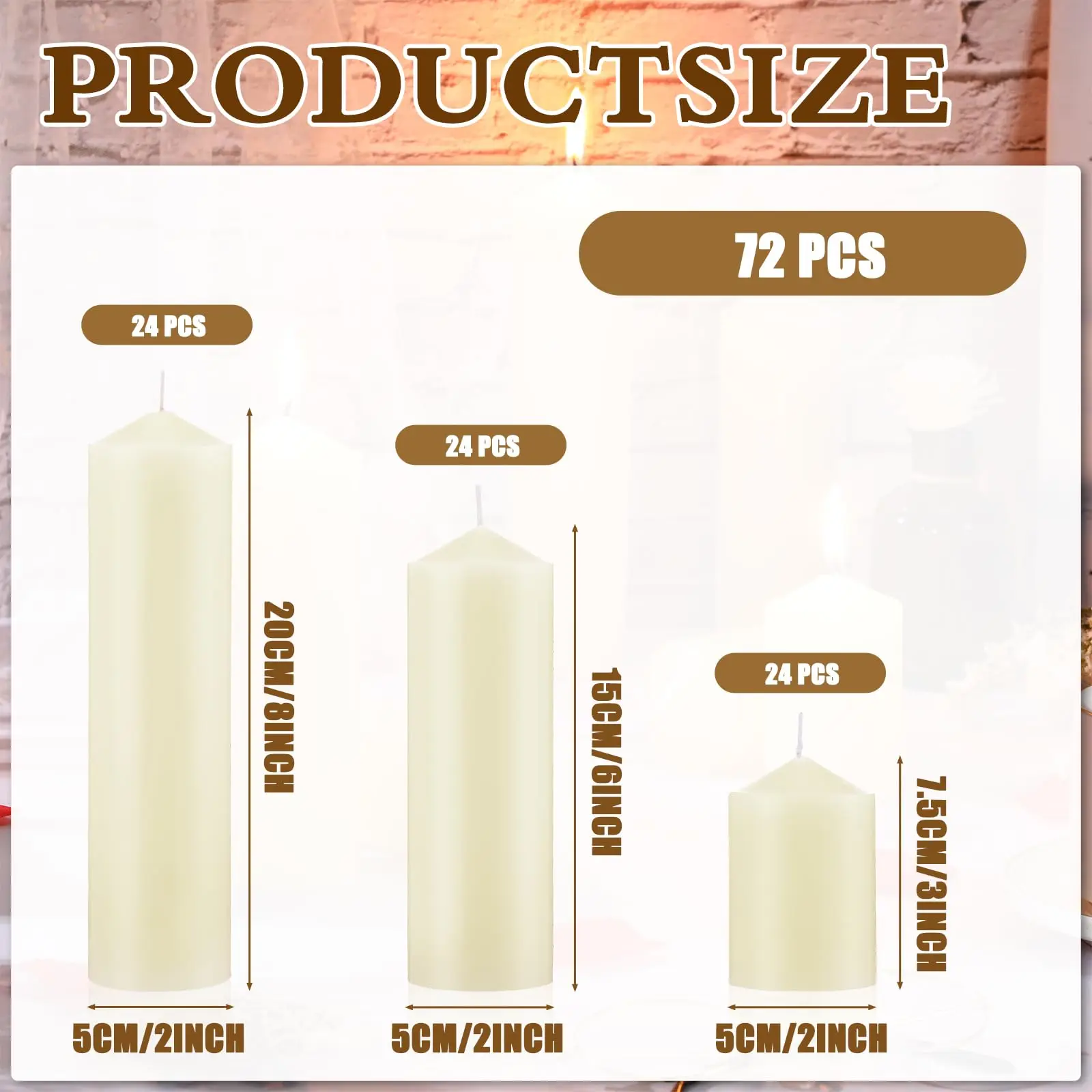 72 Pillar Candles Ivory, 2x3 2x6 2x8 Inch Dripless