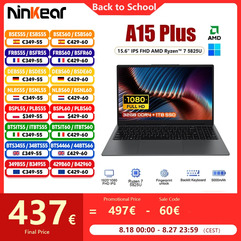 Computer portatile da gioco Ninkear A15 Plus 15,6 60 Hz IPS FHD AMD Ryzen ™   7 5825U 32G DDR4 1TB SSD 57WH Notebook da ufficio Windows 11