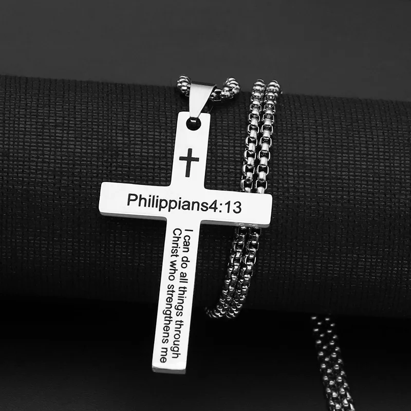 Stainless Steel Philippians 4:13 Men\'s Simple Cross Pendant Necklace Religious Talisman Jewelry Men and Women