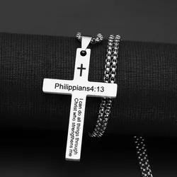 Stainless Steel Philippians 4:13 Men's Simple Cross Pendant Necklace Religious Talisman Jewelry Men and Women