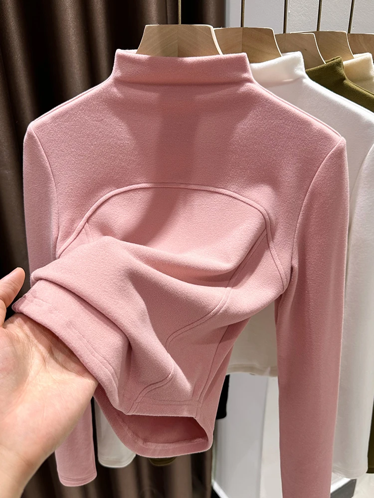 

Розовый двусторонний бархатный топ с высоким воротником и утягивающим эффектом на талии для женщин, осенне-зимняя коллекция