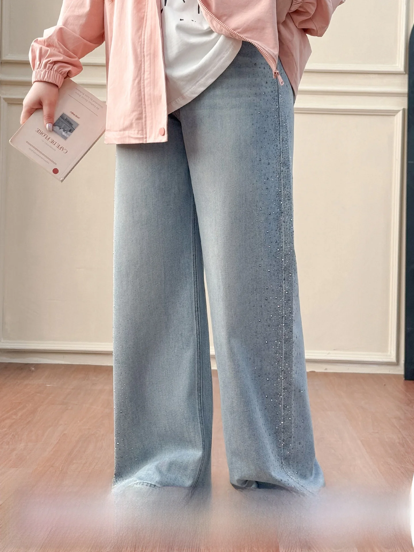 

Джинсы с высокой талией и широкими штанинами, украшенные стразами, больших размеров, женские, повседневные, модные, весна-лето, с эффектом похудения