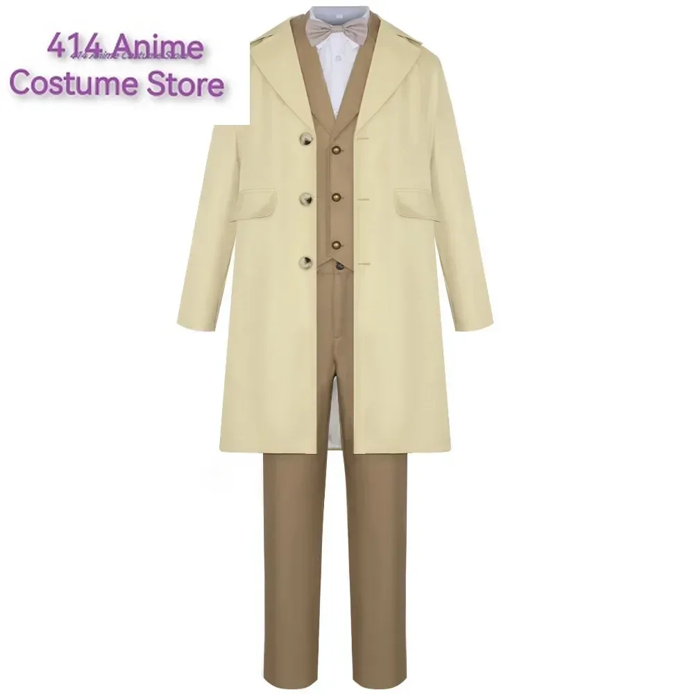 Angel Aziraphale Brown Jacket Pant White Shirt Suit Beige Trench Coat Party Carnival Halloween Cosplay Costume