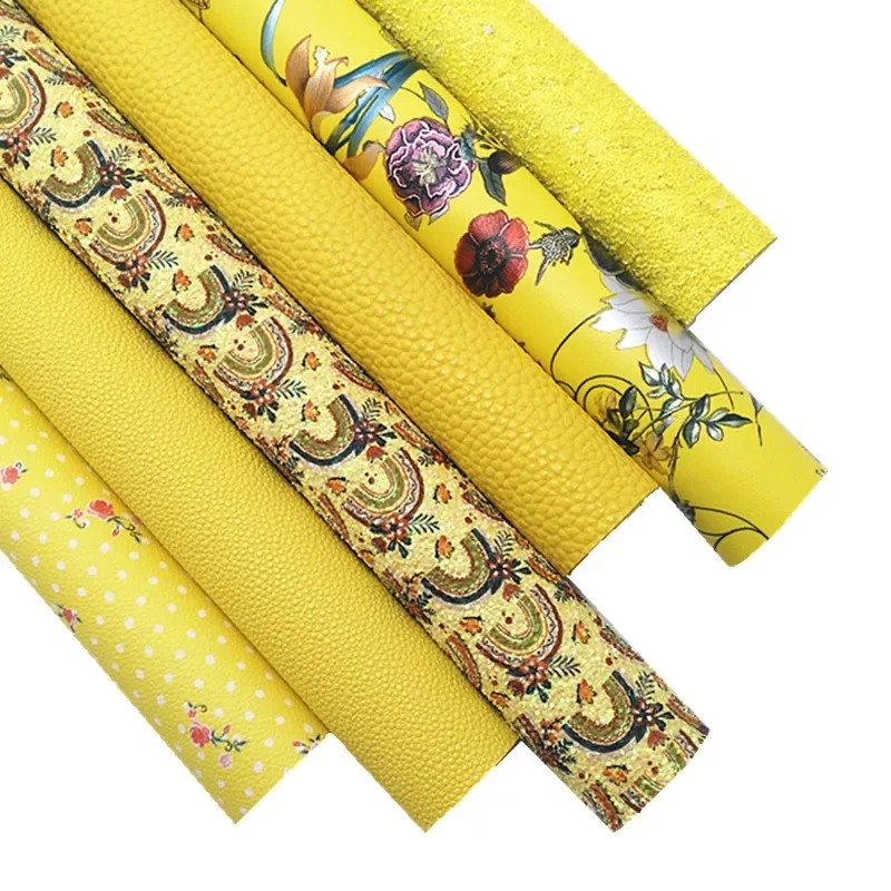 Yellow Glitter Leather Rainbow Custom Glitter Faux Fabric Flowers Polka Dots Litchi Faux Leather for DIY Craft 8.2