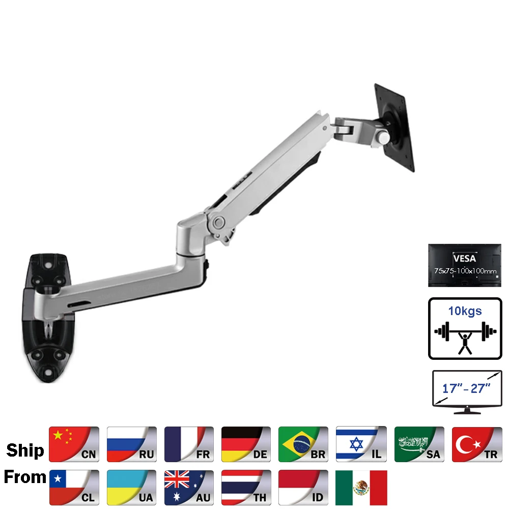 V62W / XSJ8012W Wall Mount Aluminum Mechanical Spring Arm Monitor Holder Full Motion LCD LED Monitor Mount Arm Monitor Support