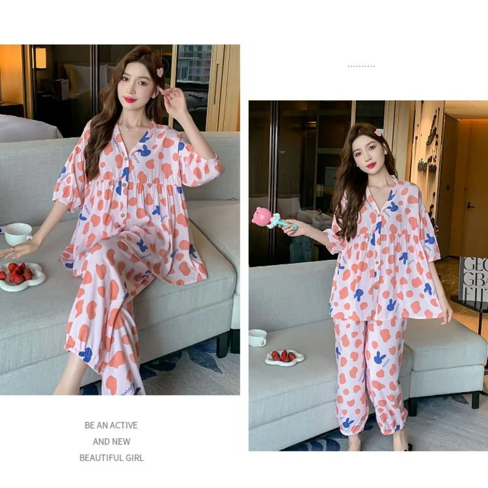 2023 New Cotton Silk Summer Pajamas Suit Plus Size Loose Ladies Home Clothes Two-piece Casual Style Thin