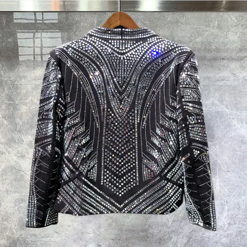 High Quality Luxury Hot Drill  Punk Club Outfit Jacket Black Full Rhinestones Jacket Men Jacket Coat Jaqueta Bomber Diamond