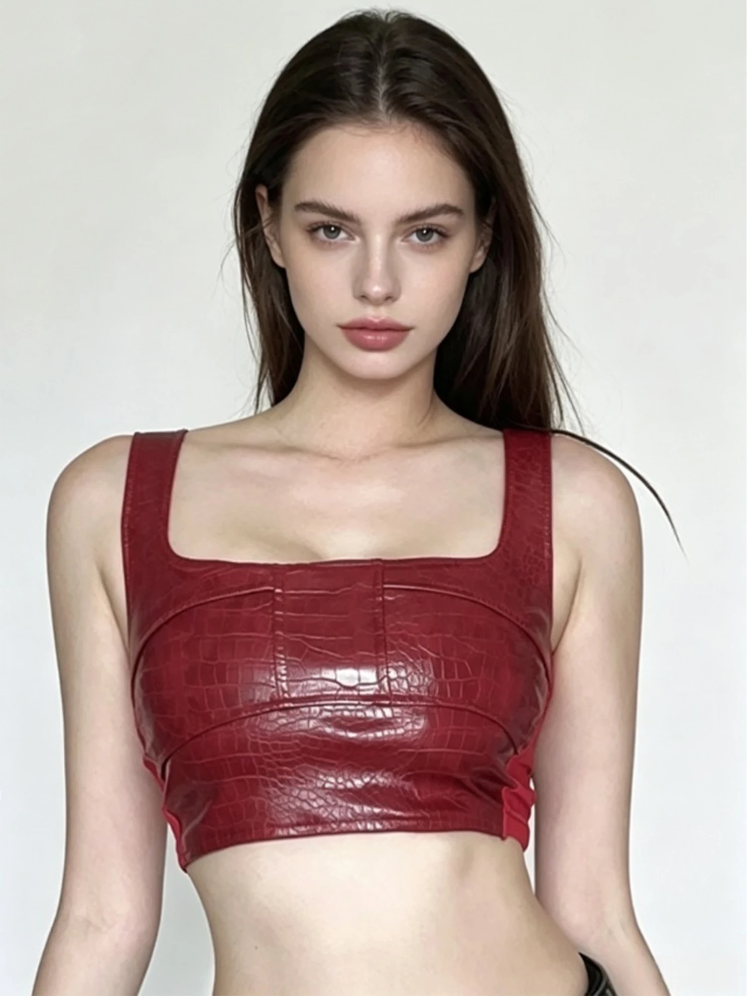Women's Red PU Leather Camisole Top Retro Y2K Gyaru Crop Top Cyberpunk Square Neck Sleeveless Cropped Tank Top for Women Summer