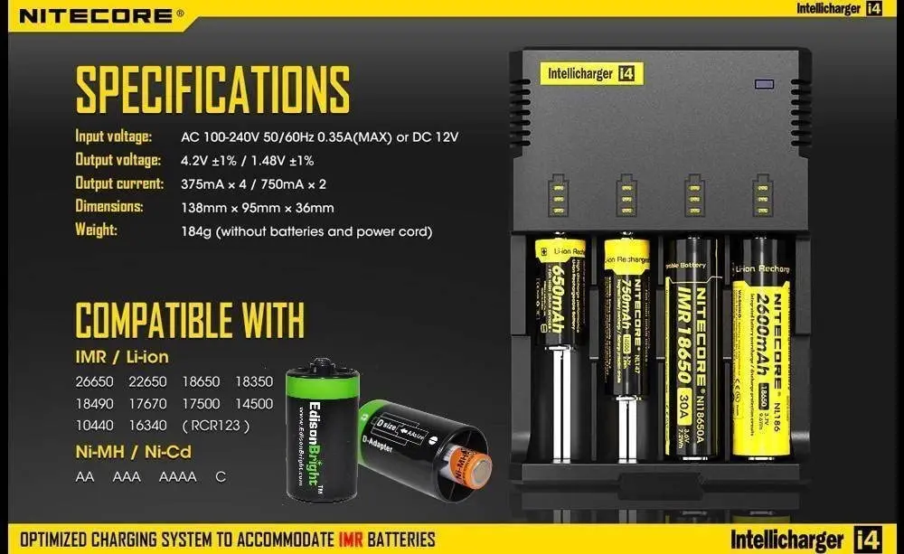 NITECORE nuovo caricabatterie i4 per Li-ion / IMR/Ni-MH/ni-cd 18650 18350 16340 RCR123 14500 AA AAA D C con Ac e 12V DC (auto)