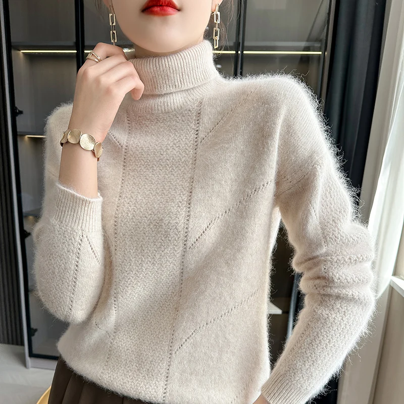 Fall/Winter Thick 100%Pure Mink Cashmere Sweater Women High Lapel Knit Pullover Wild Warm Solid Color Shirt Fashion Korean Tops