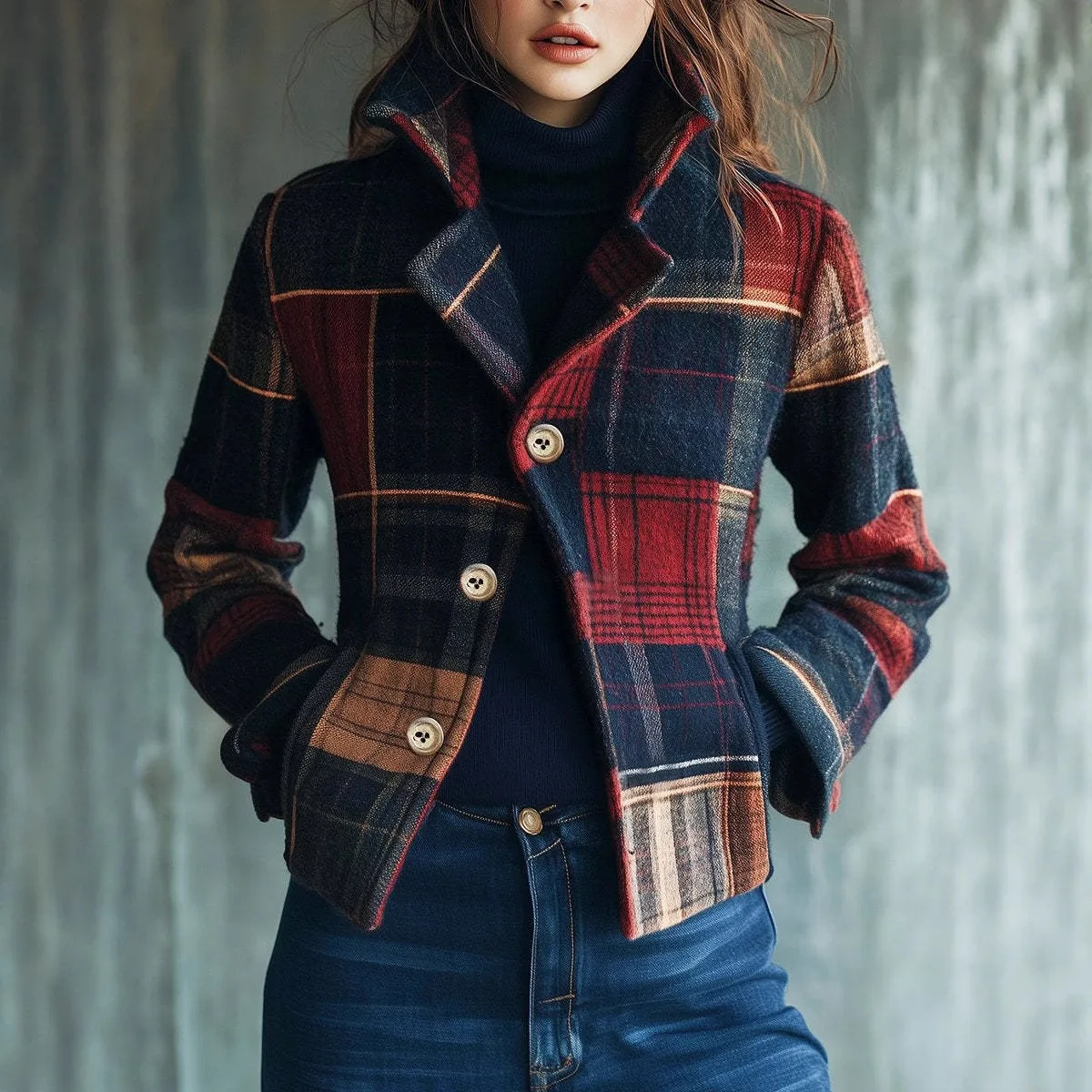 

Europe Americ Plaid Retro Warm Jacket Autumn Winter Stand Collar Splicing Single Breasted Long Sleeve Pocket Lady Outwear New