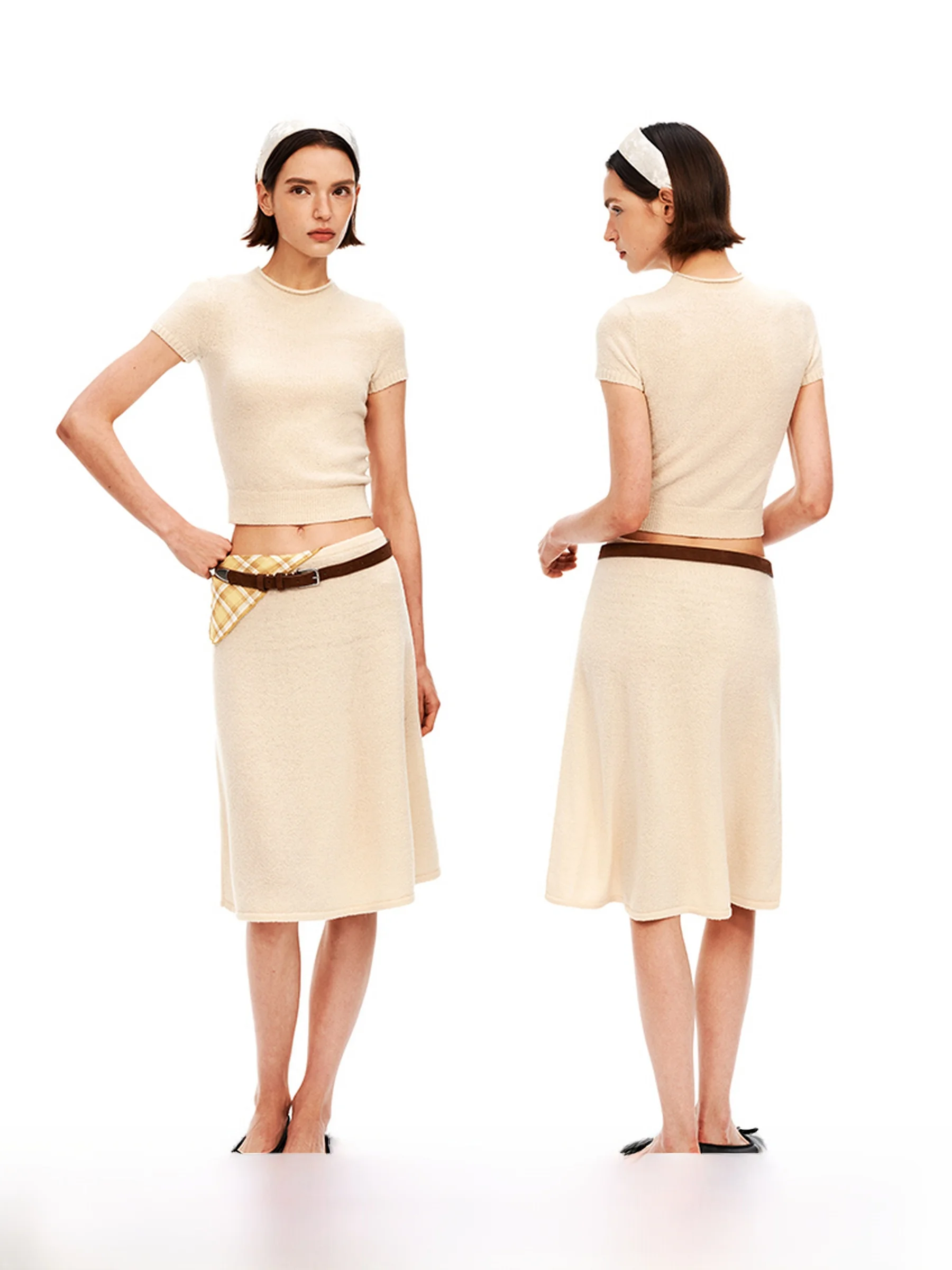 

Puki 66 Wool Knitted Short Sleeve Top And A-Line Skirt Set Women's Casual Style Spring Fashion Ensemble