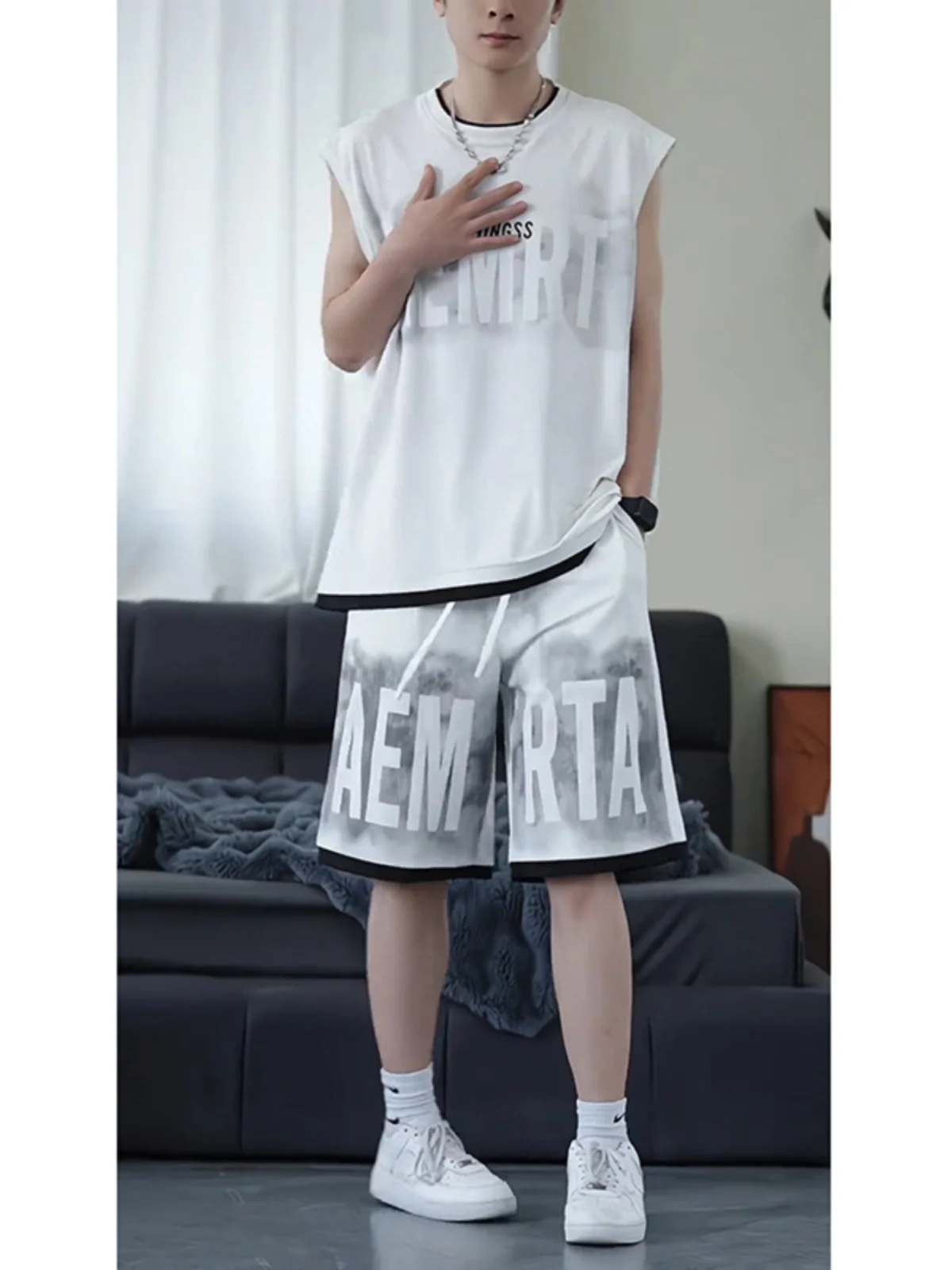 

Teenage Baskeall Casual Sports Set Men Summer Cool Haome Svel T-irt Vest Ice Silk Qui Dry orts Polyester Fiber
