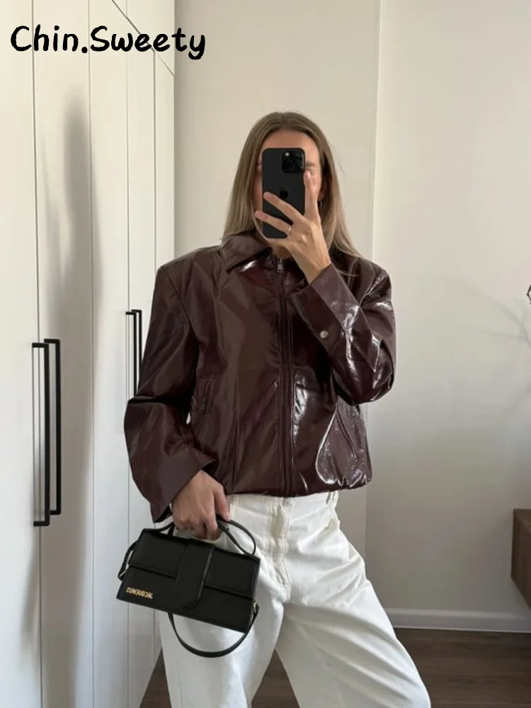 

Street Women's Zipper Leather Jacket Loose Solid Lapel Full Sleeve Pockets Coat Female 2025 Autumn Lady Chic Commute Outwear New