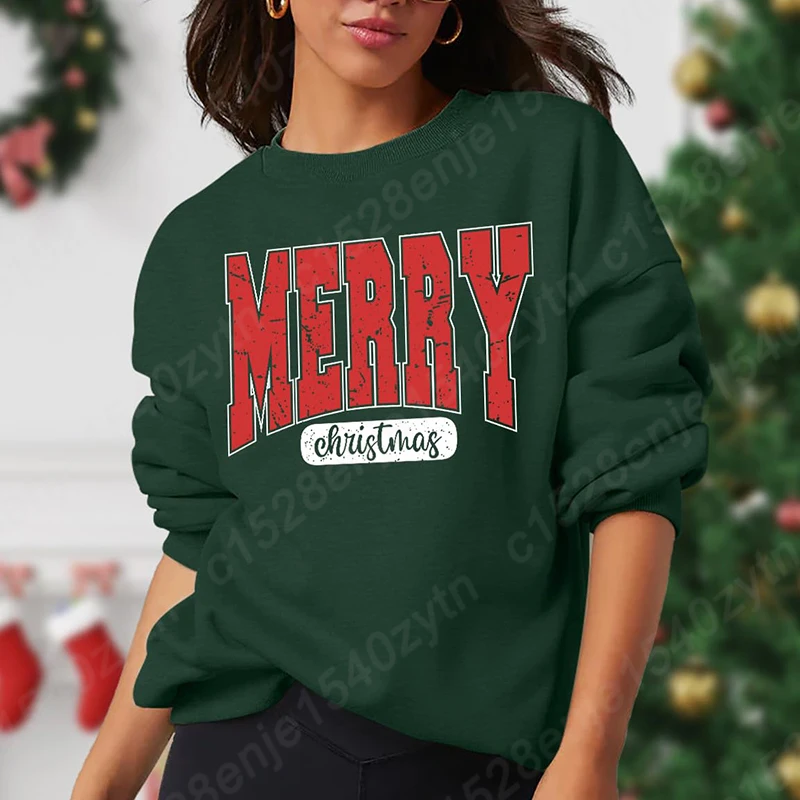 

Popular Merry Christmas Graphic Pullovers Women Fashion Solid Color Round Neck Hoodless Sweatshirt Autumn Winter Sweatshirt Tops