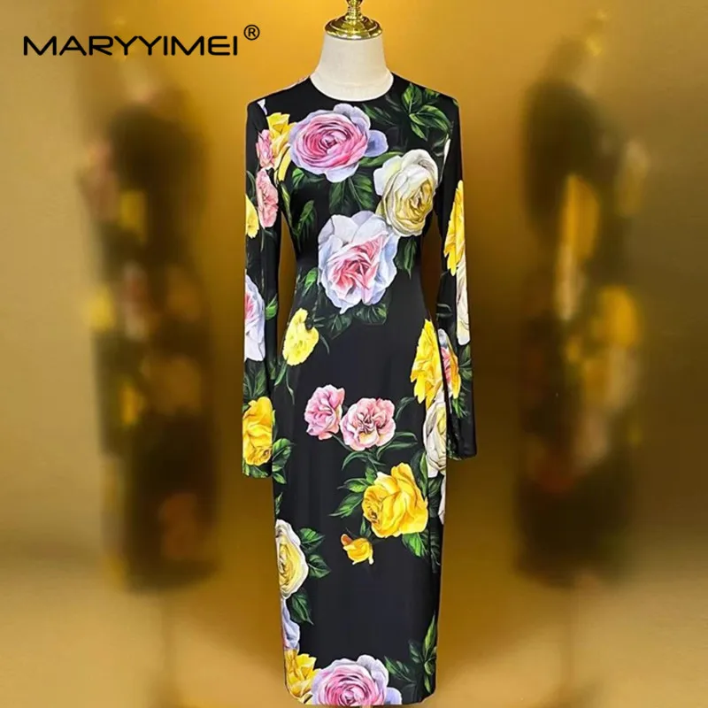 MARYYIMEI Autumn and Winter Women's Dress Long sleeved High waist Elegant Print Pretty Slim-Fit Hip Wrap Black Silk Dresses