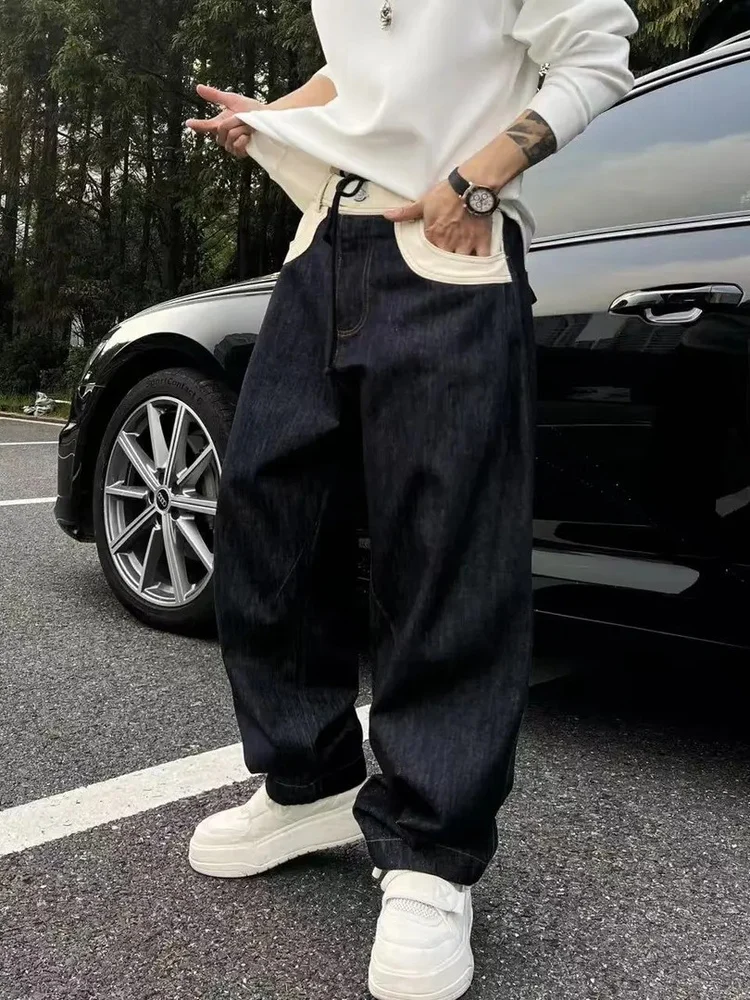 

Trendy Patchwork Color Blo Casual Pants Men's Loose Wide Leg Jeans Straight Leg Trousers Autumn Winter New Arrival Cotton B...