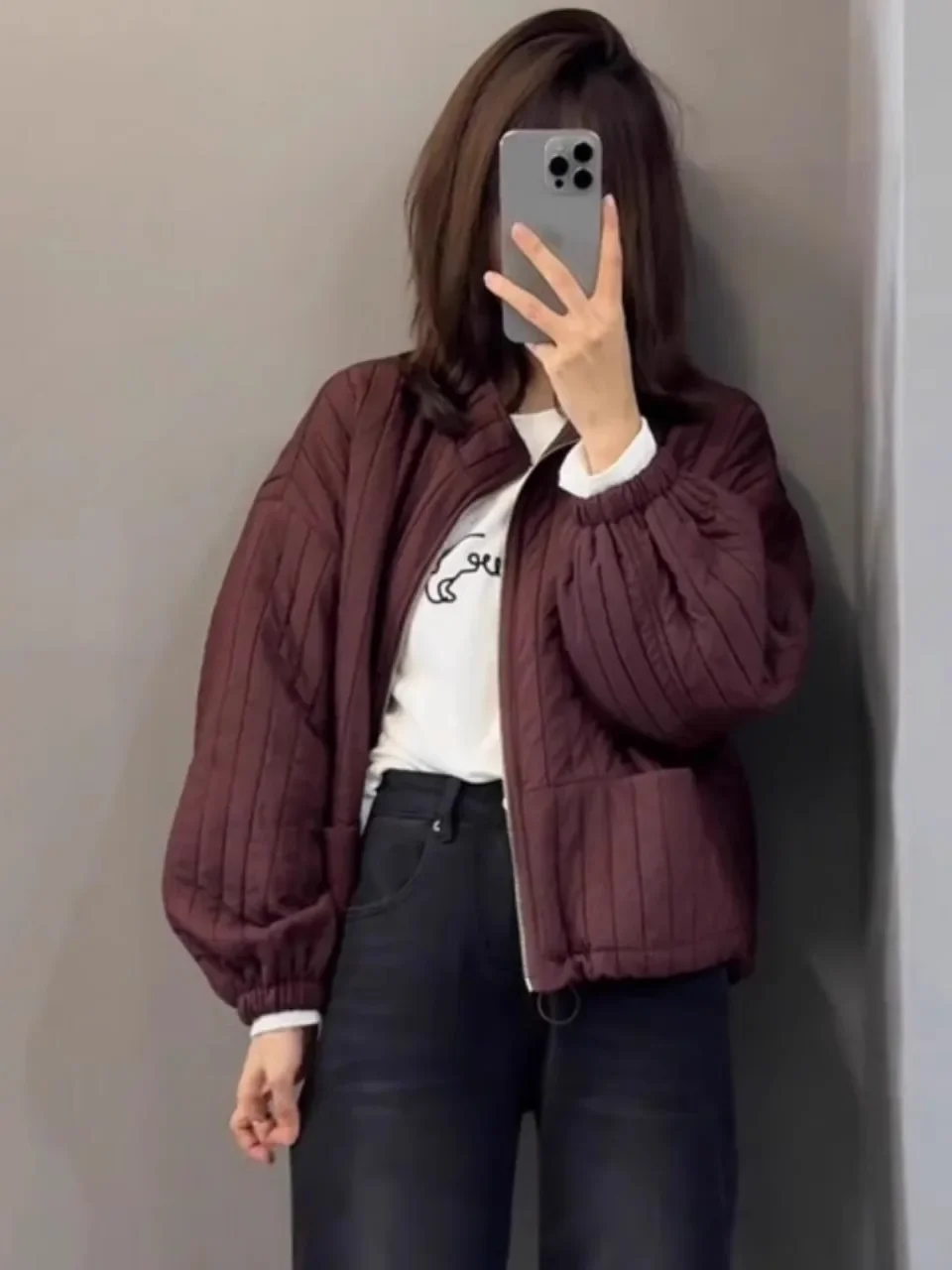 

Korean Sleeve Women's Cotton Jacket Loose Fit Stand Collar Zipper Closure short Length Fashionable Autumn Winter Coat