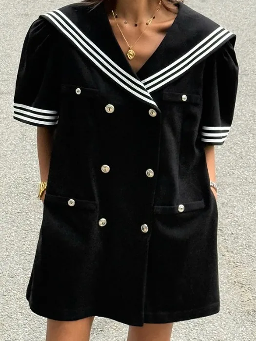 

Summer New Vintage Loose Striped ort Dr Women's Double-breasted Collar Navy Color Blo College Sle Faion Dr