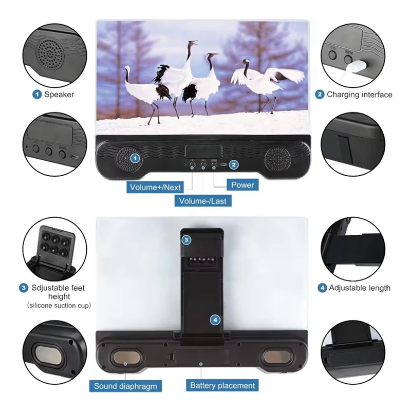 14In Cell Phone Screen Magnifier With Wireless Speaker Foldable Phonestand With Screen Amplifier For Movies,Video,Gaming