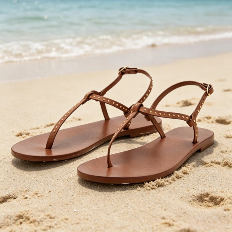 

Unique T-strap Rivet Detail Flat Sandals Women Fashion Ankle-strap Buckle Designer Shoes Roman-style Clip Toe Beach Flip Flops