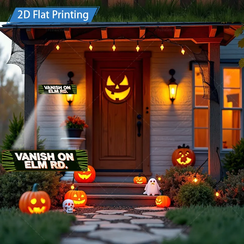 1 قطعة لافتة معدنية، مقاس 4 × 16 بوصة للهالوين "فانيش أون إلم رد". لافتة معدنية مطبوعة مسطحة ثنائية الأبعاد مع ديكور خفافيش اليقطين