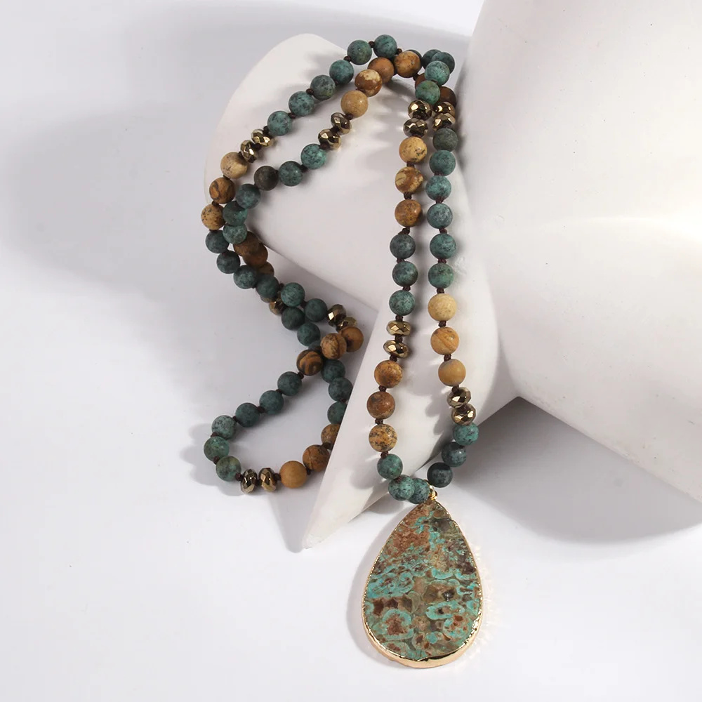 Fashion Ethnic Style Natural African Turquoise Stone Crystal Glass Necklace Faced Drop Pendant Women Necklace Sweater Chain