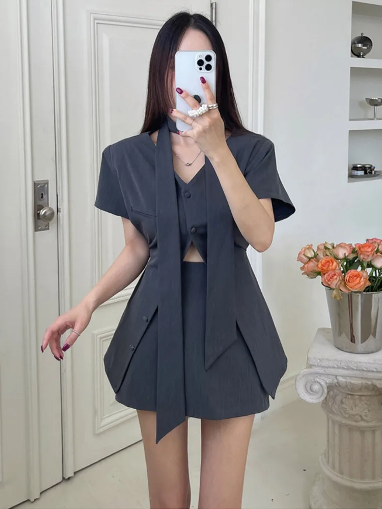 

Elegant Summer 2 Pce Women's Skirts Suit 2025 Short Sleeve V-neck Single Breasted Jackets & A-line Skirt Korean Chic Outfits Set