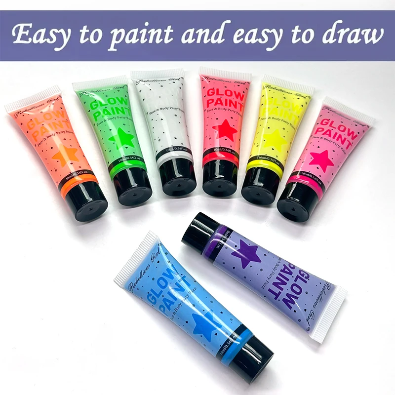 8 Colors 10ml UV Glow Face & Body Paint - Vibrant Neon Shades, Creamy Tube Packaging, Ideal for Parties, Festivals & Halloween