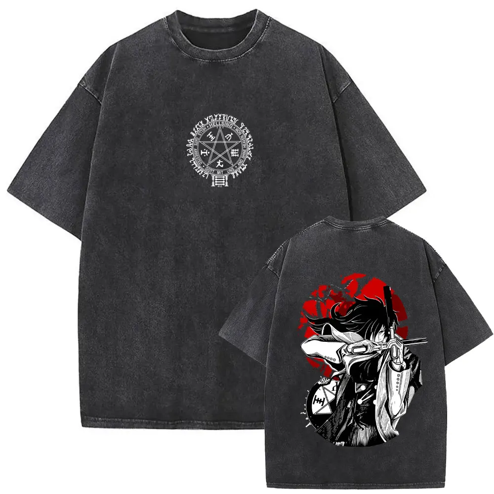 

Washed Vintage Anime Hellsing Yumie Takagi Graphic T-shirt Vampire Alucard Merch T-shirts Men's Gothic Manga Oversized T Shirts