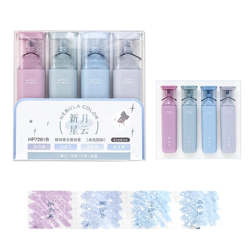 4pcs Glitter Highlighters مع طرف مائل للومادات المكتبية المدرسية الجافة السريعة #5