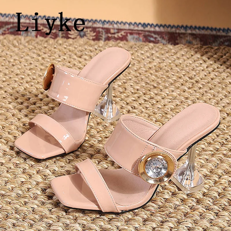 Liyke New Brand Design Crystal Metal Buckle Women's Transparent Strange Heels Slippers Sandals Open Toe Mules Slides Shoes Pumps