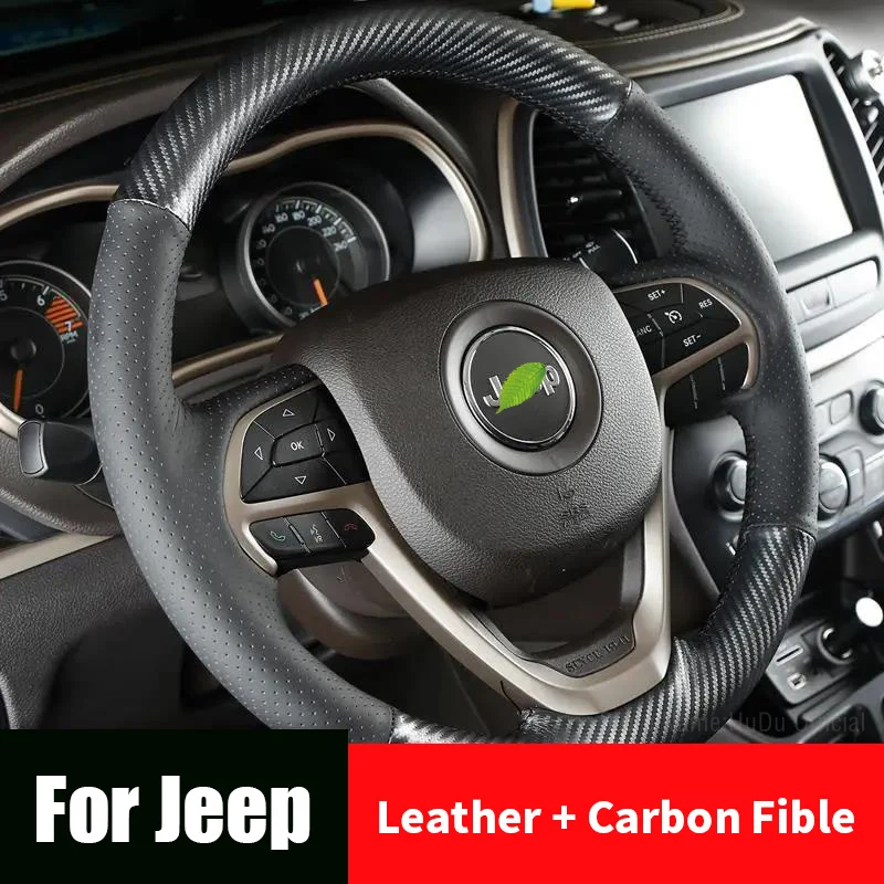 DIY Leather Steering Wheel Cover For Jeep Compass Renegade Cherokee Grand Cherokee Hand-Sewn Steering Wheel Cover Auto Interior