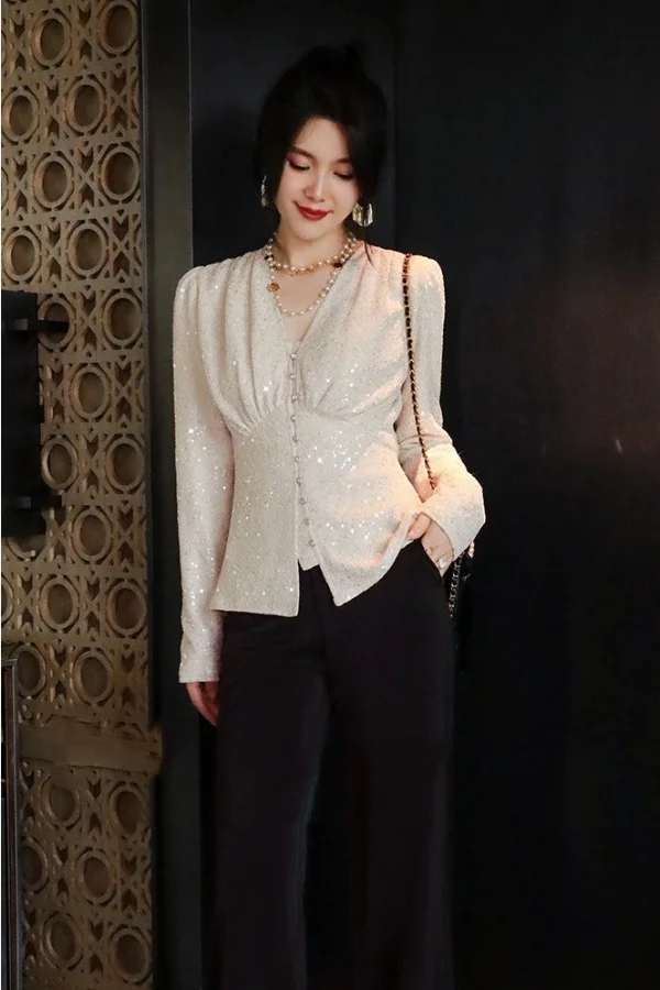 

Chic Sequin Knit Cardigan for Women Elegant V Neck Slim Fit Long Sleeve Sweater Top Stretchy Versatile Socialite Style Blouse