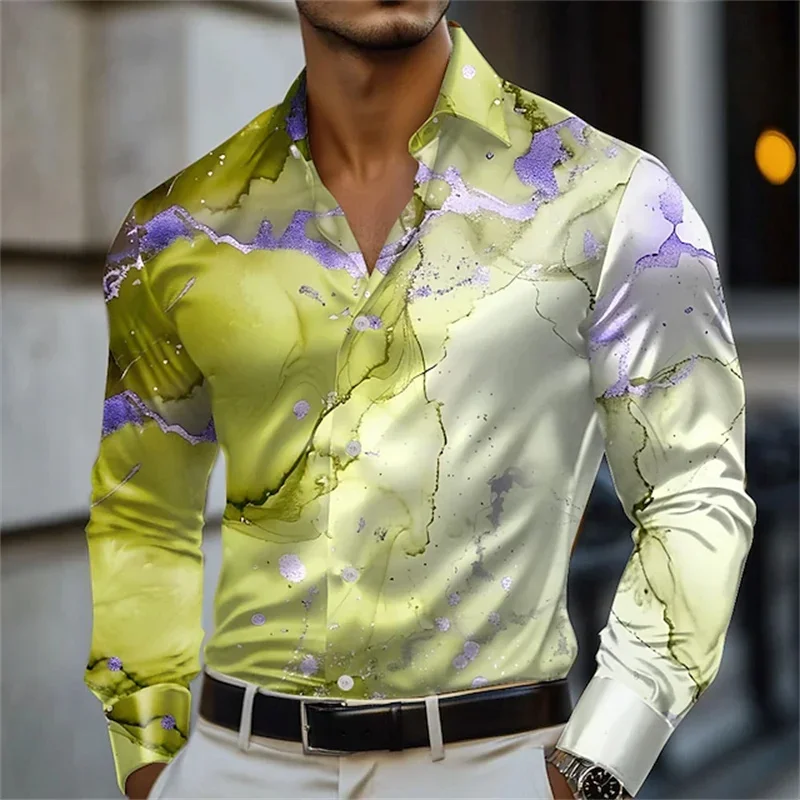Men's autumn and spring blue and gold marble printed long sleeved shirt top, fashionable, casual, comfortable, slim fit suitable
