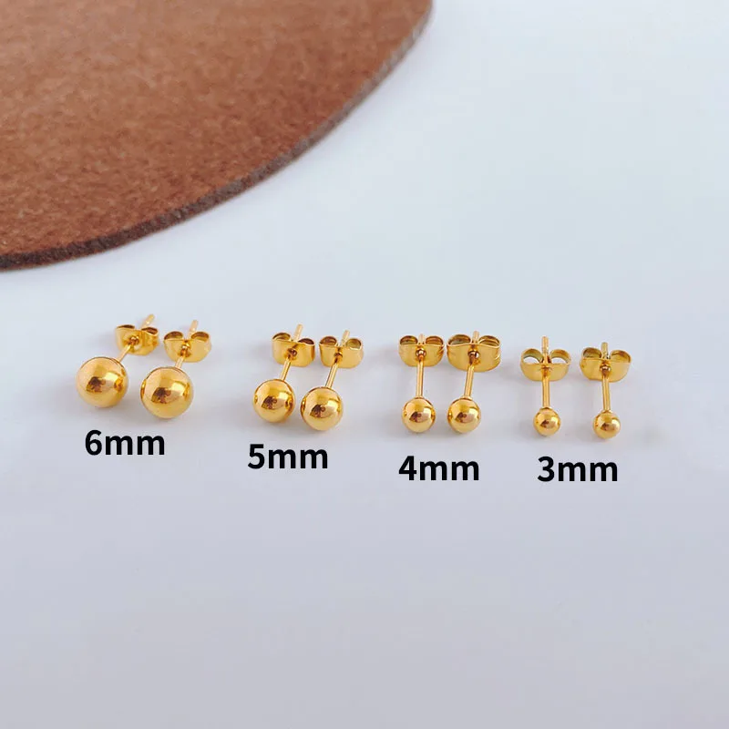 1 Pair Gold Plated Buddha Beaded Stud Earrings for Women Size 2/4/6/8 mm Fashion Jewelry Accessories Wholesale Gifts