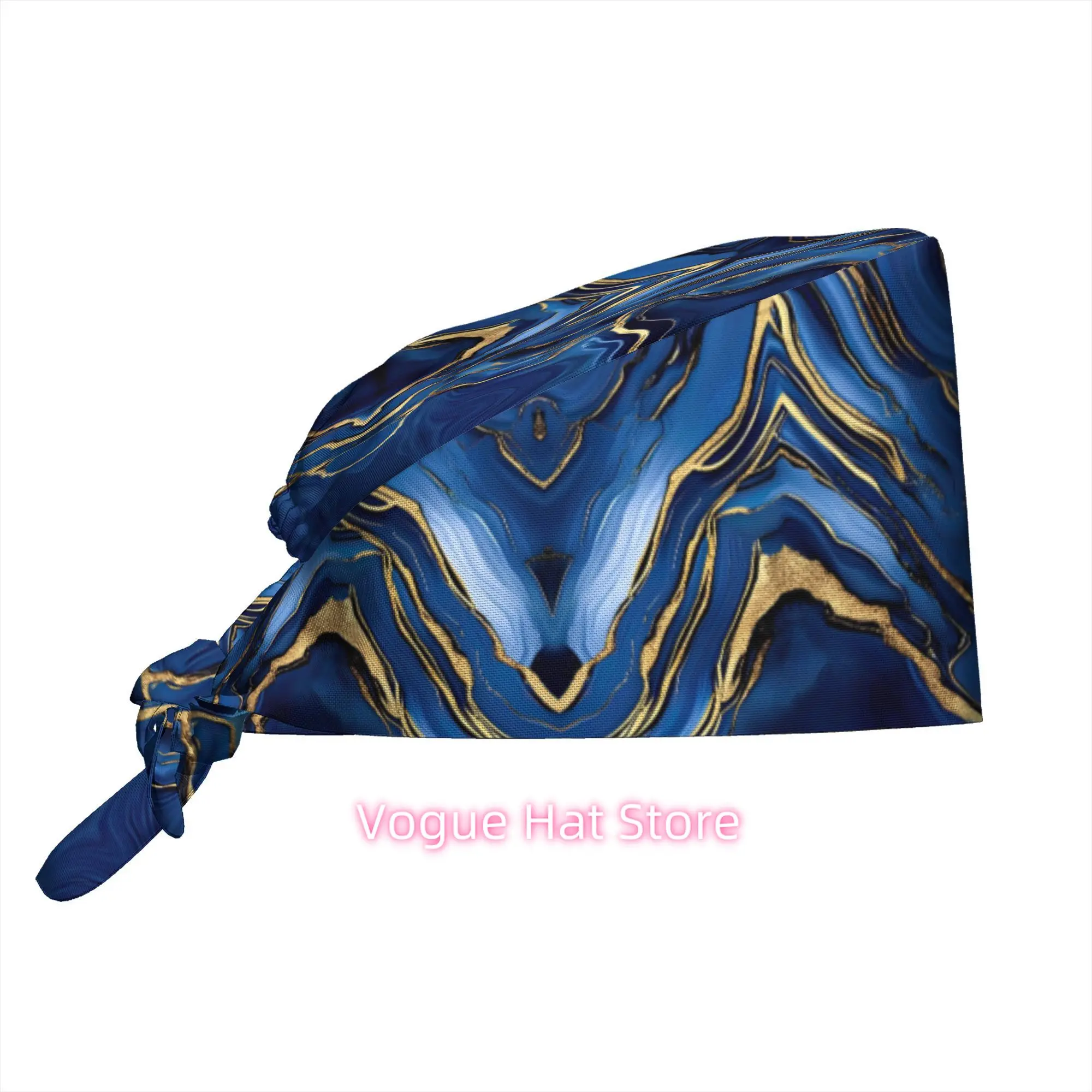 1pc of Holiday-Themed Work Cap Featuring a Blue Agate Design with Golden Veins, Showcasing a Fluid Art Pattern And Marble Textur