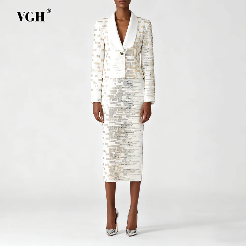 VGH Design Sense Printing Two Piece Sets For Women V Neck Long Sleeve Top High Waist Skirt Autumn Temperament Set Female Fashion