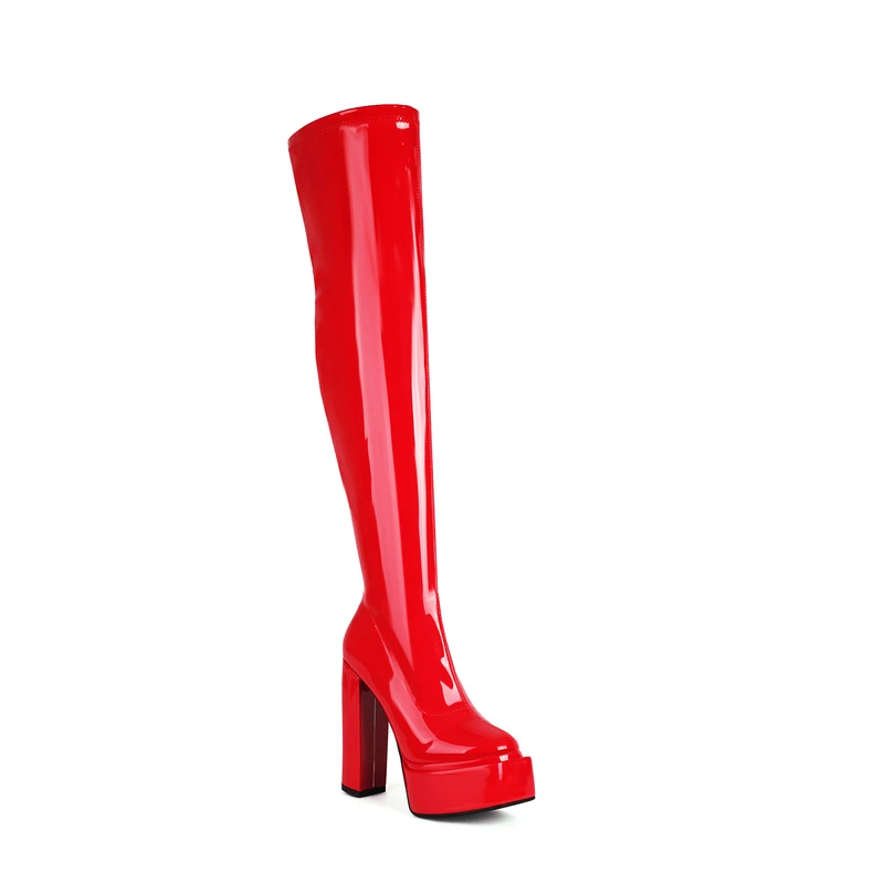 Patent Leather Black White Block High Heels Stripper Thigh High Shoes Platform Overknees Women Winter Long Over-the-knee Boots