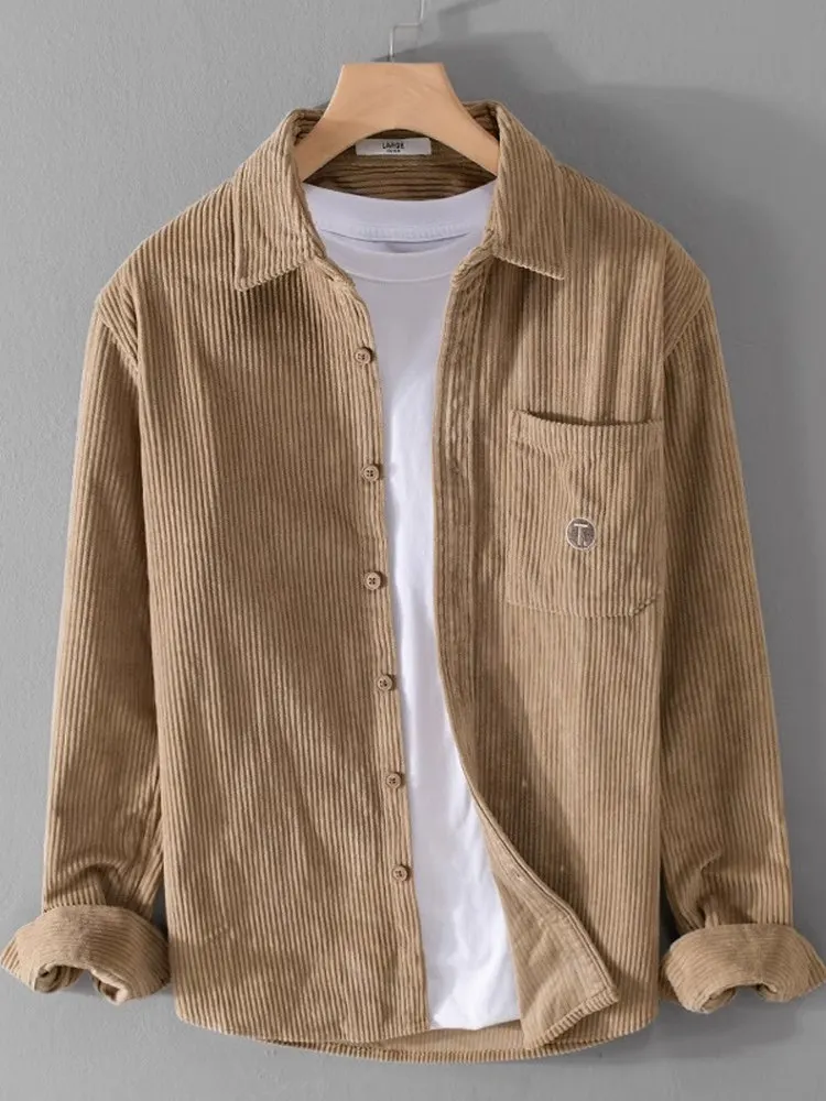 

Spring Autumn Japanese Retro Corduroy Jaet Men's Casual Collar Loose Versatile Striped Velvet irt Coat Long Sve Buttoned