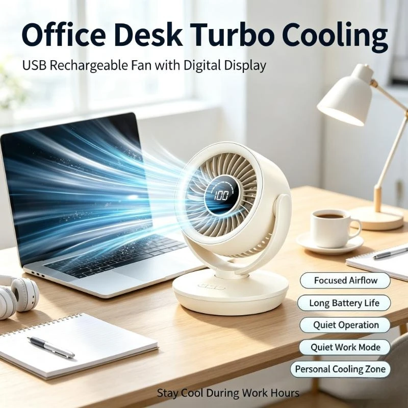 Rechargeable USB Desk Turbo Fan Digital Screen High Airflow Extended Working Time Portable for Office Travel Dorm