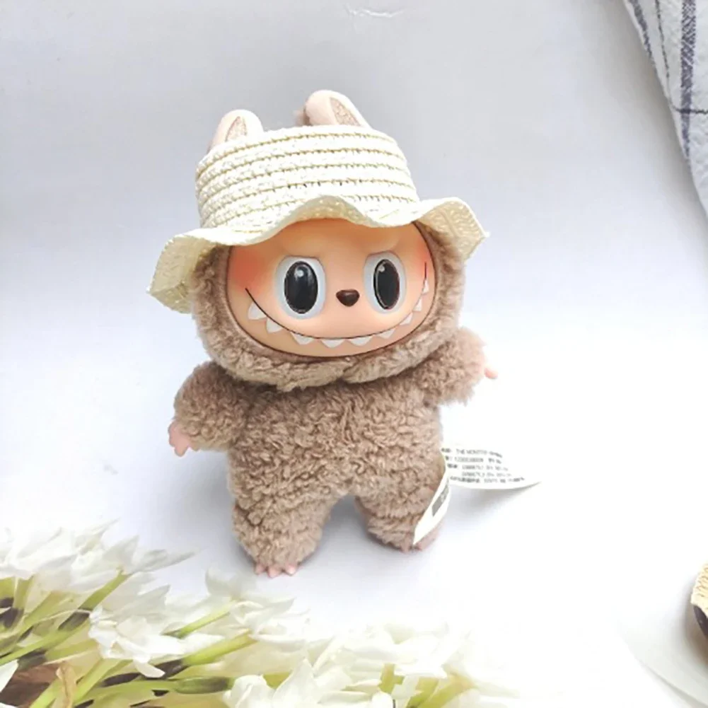 Mini Pop Strohoed voor Poppenhuis Miniatuur 17 cm Labubu Pop Kleur Match Hoeden Kawaii Schattige Poppen Accessoires voor Kinderen Meisjes speelgoed