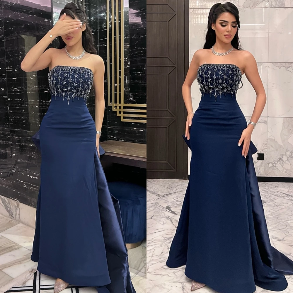

Customized Simple Blue Jersey Evening Dress Classic Strapless Sleeveless Celebrity Gowns Delicate Beading Mermaid Party Dresses