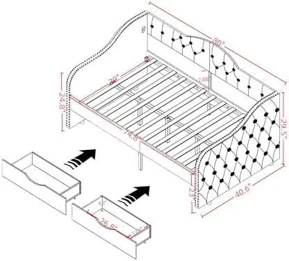Upholstered Daybed with Drawers and USB Port, Wood Daybed with Sturdy Metal and Wood Frame for Bedroom, No Box Spring