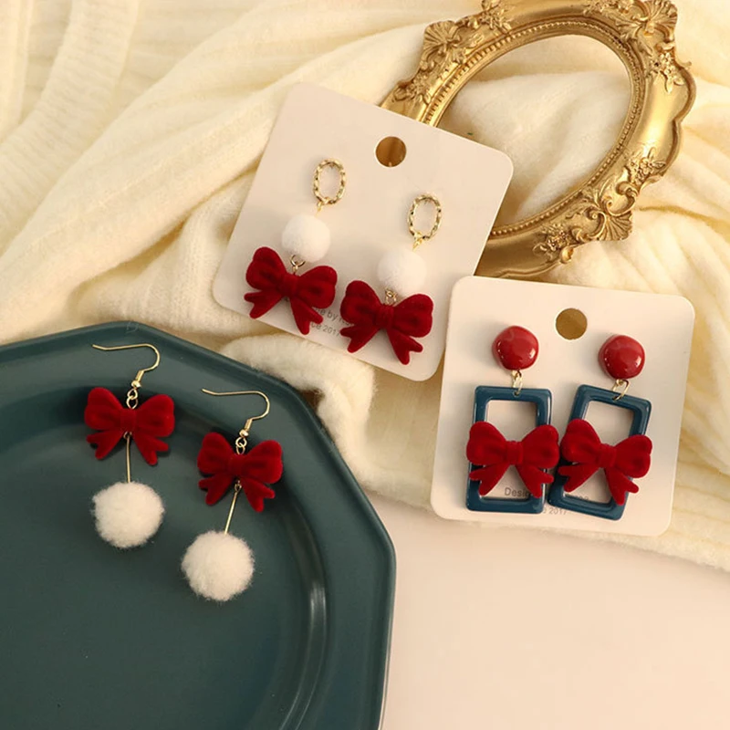 KADRUFI Women New Year Christmas Wine Red Velvet Bow Earrings Korean Fashion Girls White Plush Ball Dangle Earring Jewelry Gift