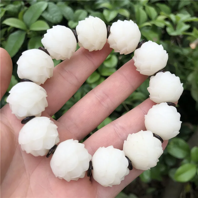 White Corypha Umbraculifea Bracelet Carved lotus White Jade Bodhi Root Bracelet Lotus Bodhi Root 20mm