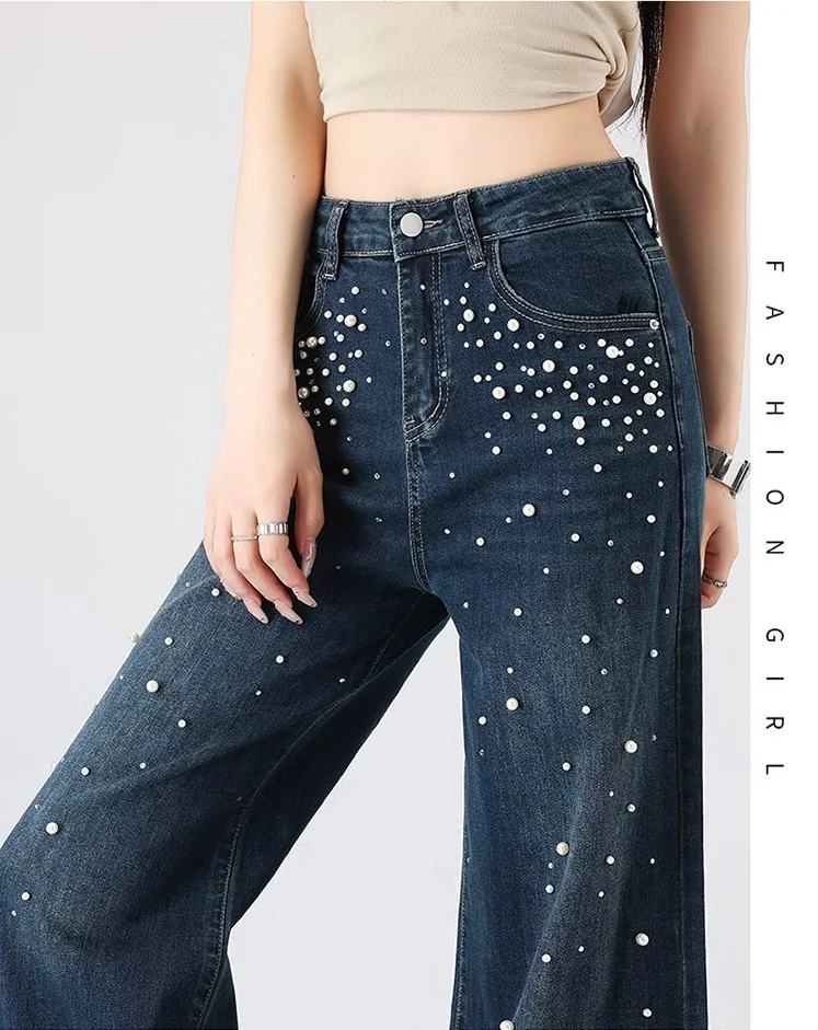 CHIC Summer Trendy Women Denim Jeans Luxury Pearls Rhinestones Lady Wide Leg Pants High Waist Designer Long Straight Trousers
