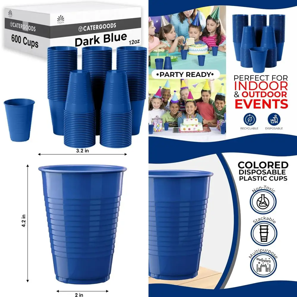 

Прочные темно-синие одноразовые чашки на 12 унций — 600 упаковок цветных чашек для вечеринок, без BPA, идеально подходят для больших мероприятий