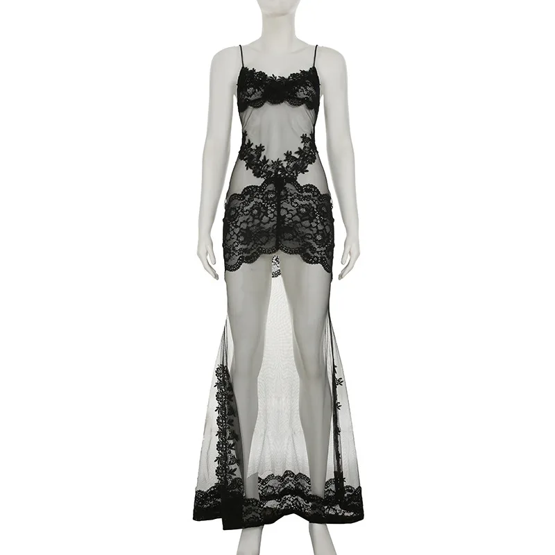 Lace Transparent Mini Dress For Women's Shestyle Embroidery Flower Mesh Transparent Flare Outfits Prom Nightwear Club Long Dress