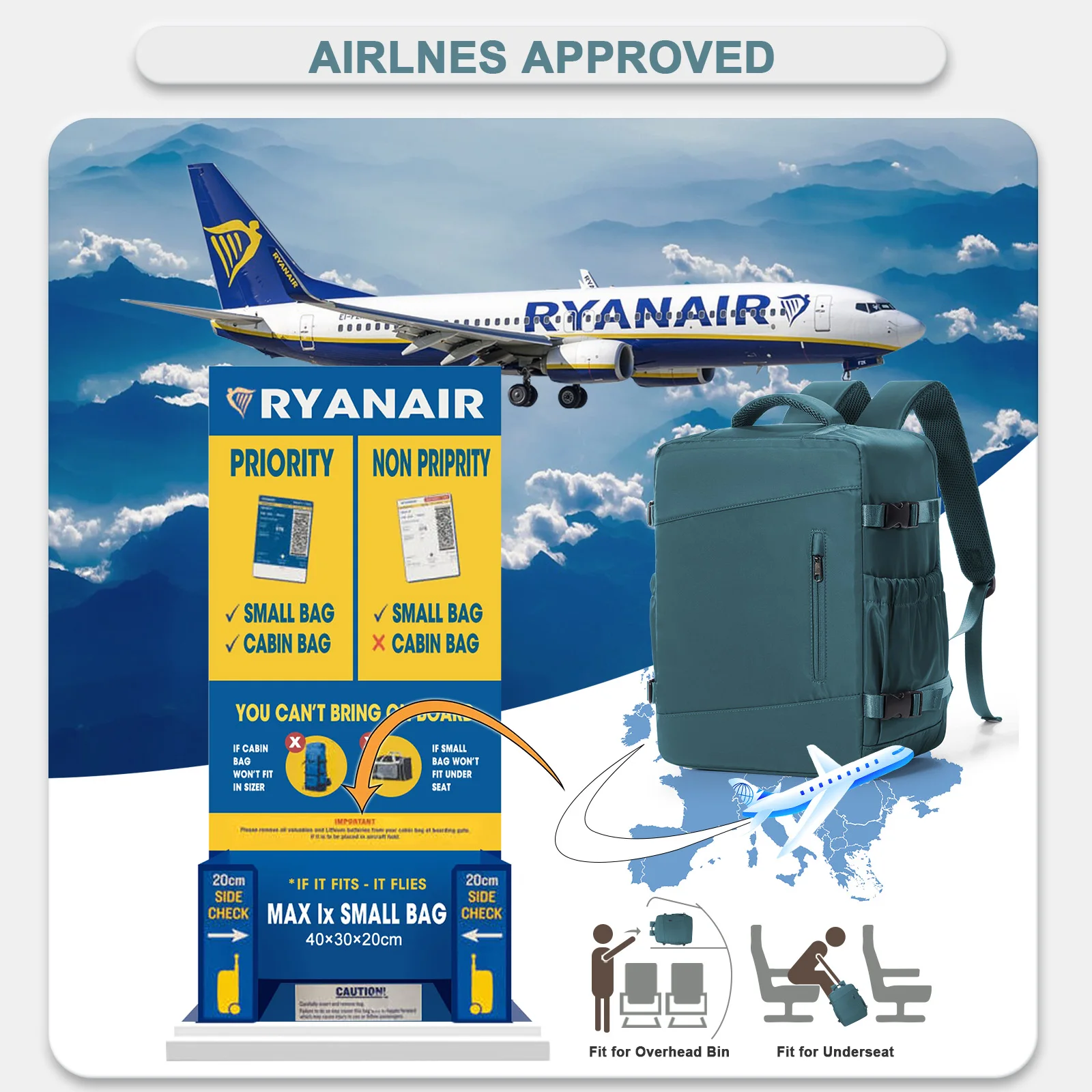 Mochila de viaje Cabina Plane 40x20x30 Mochila de equipaje Mochila para computadora portátil de negocios para hombres Bolsa de cabina portátil, Mochila escolar para mujeres